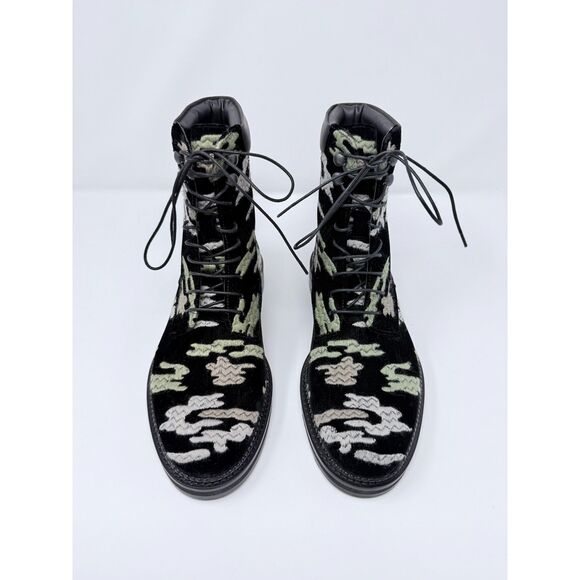 Emporio Armani Black Embroidered Camo Velvet Lace Up Combat Boots M6 W7.5 BNIB main image 5